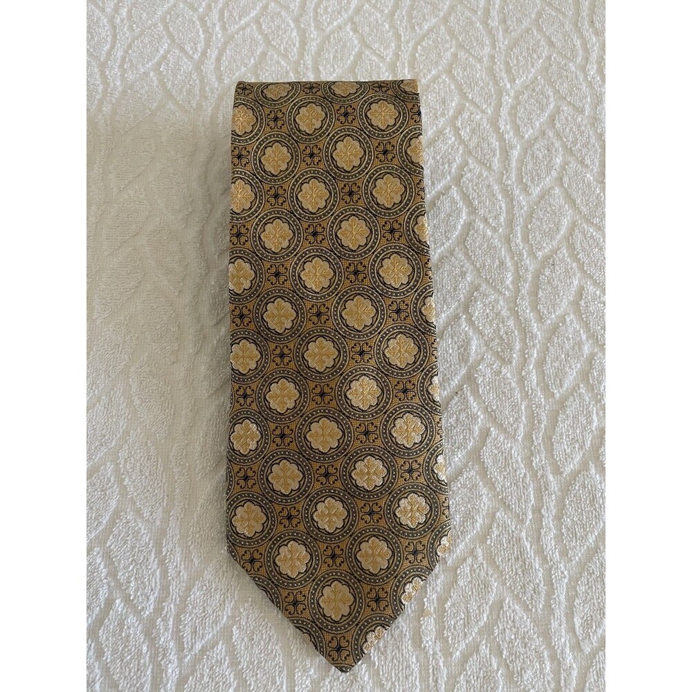 I K E BEHAR VINTAGE-MEN'S TIE BROWN & YELLOW GEOMETRIC MEDALLION/FLOWER/ROSETTE